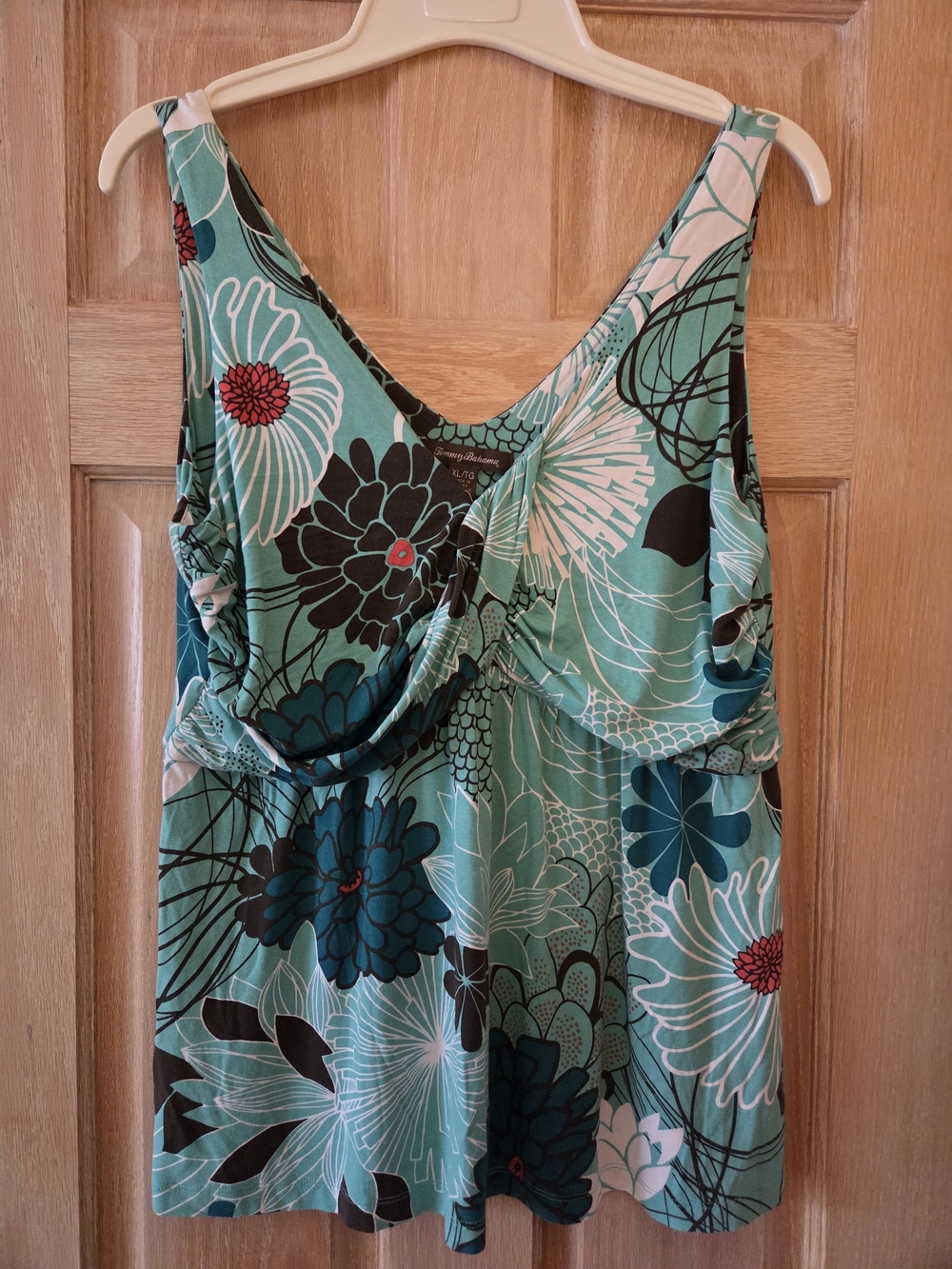 Tommy Bahama Teal Floral Tank Top with Black and White Accents